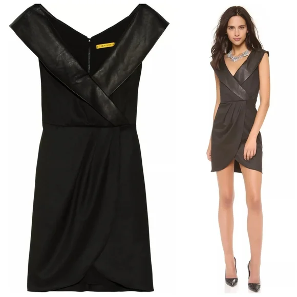 Alice + olivia Shayna Leather Trim Shawl Collar Faux Wrap Black Dress - Picture 5 of 15